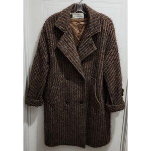 Vtg Anne Marie Beretta Women's Tweed Knit Long Pea Coat Brown 100% Wool Size 10